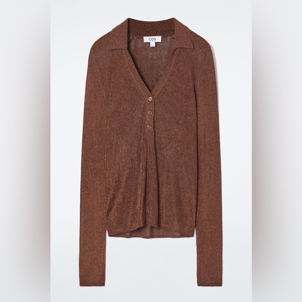 COS TOP SPARKLY RIBBED-KNIT POLO SHIRT Size L Shimmering Brown Mahogany NWT